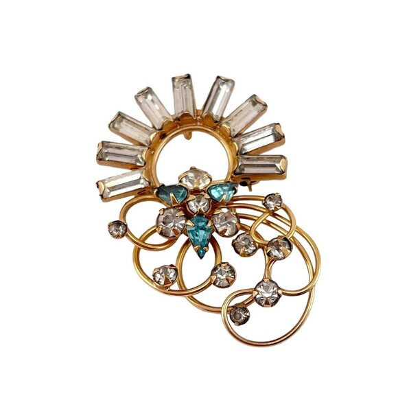 M & S Vintage 12K Gold Filled Blue Rhinestone Ornate Floral Blue Brooch - Picture 3 of 9
